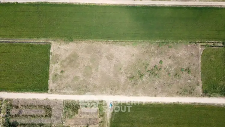 Aerial view of expansive green fields and pathways, ideal for agricultural development.