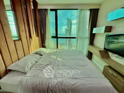 Luxurious bedroom with stunning city view and modern decor