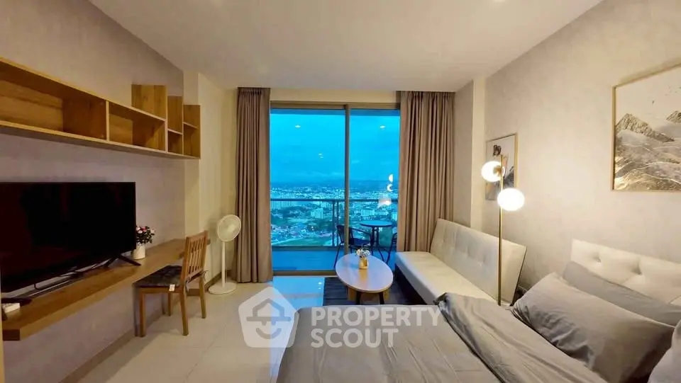 Modern bedroom with stunning city view and elegant decor