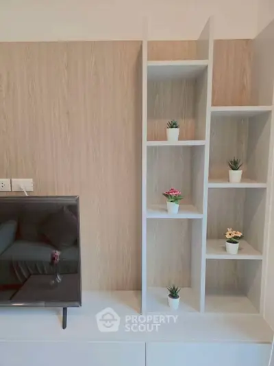Modern living room with stylish shelving and TV setup