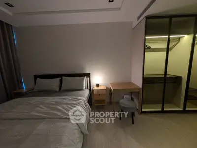 Modern bedroom with cozy lighting and walk-in closet