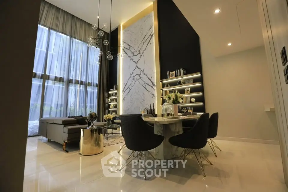 Luxurious modern living room with high ceilings and elegant decor