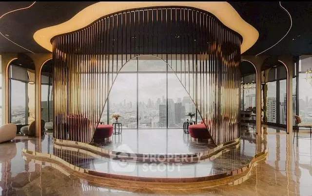 Luxurious modern living room with panoramic city view and elegant design.