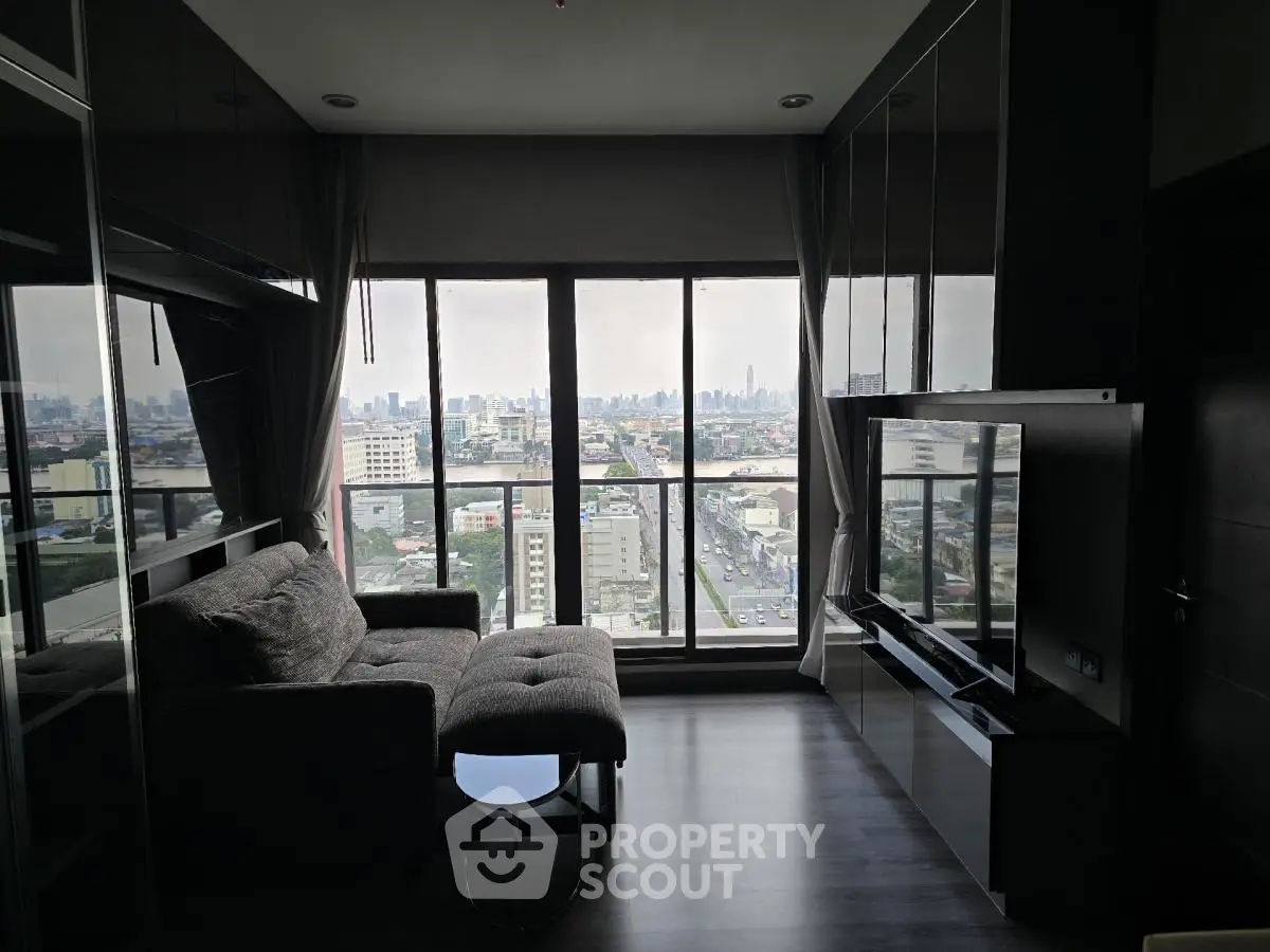 Modern living room with panoramic city view and stylish furniture