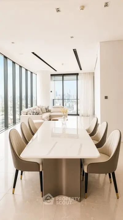 Luxurious modern dining area with panoramic city views and elegant furnishings.