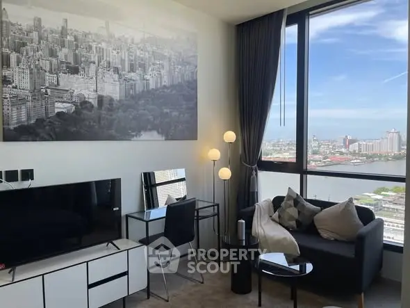 Modern living room with city view, stylish decor, and large windows.