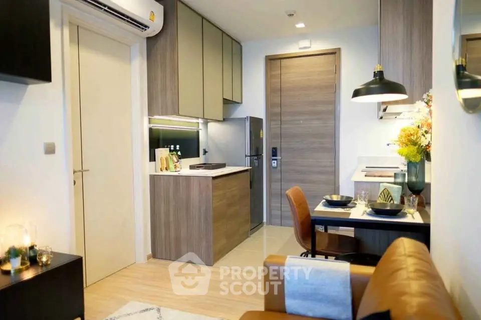 Modern apartment interior with stylish kitchen and cozy dining area