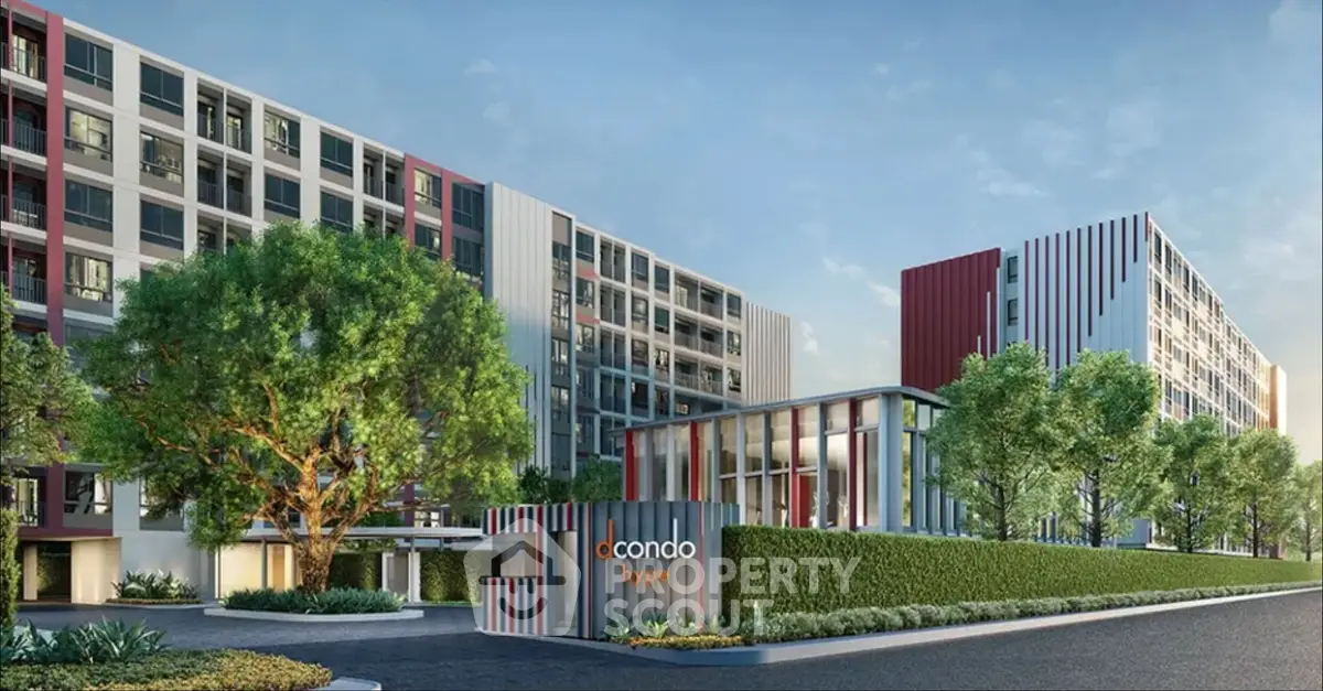 Modern condominium exterior with lush greenery and contemporary design.