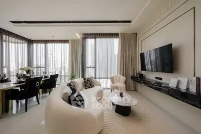 Luxurious modern living room with elegant furniture and city view