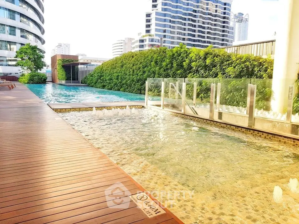 Luxurious rooftop pool with city skyline view and lush greenery
