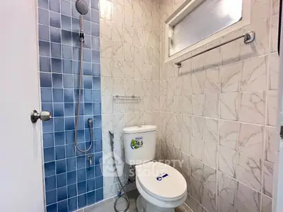 Modern bathroom with stylish blue and white tiles, featuring a shower and toilet.