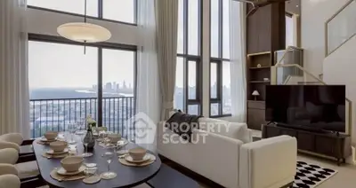 Luxurious high-rise living room with stunning city and ocean views, elegant decor, and modern furnishings.