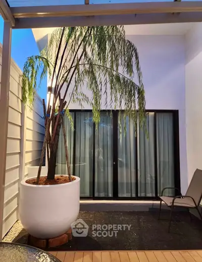 Chic modern balcony with potted plant and seating area, perfect for relaxation.