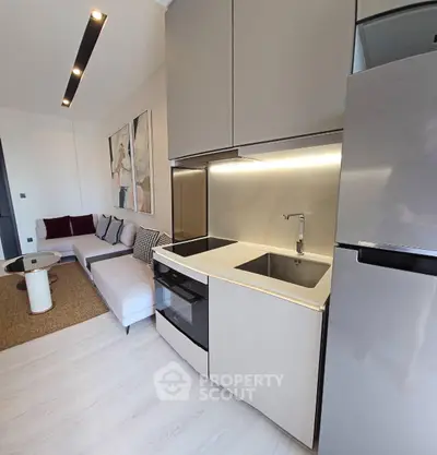 Modern open-layout kitchen with sleek appliances and cozy living area in a stylish apartment.
