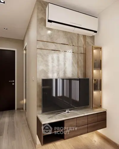 Modern living room with sleek TV unit and air conditioning, featuring elegant wood and marble finishes.