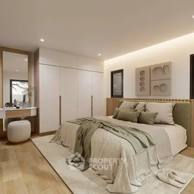 Luxurious bedroom with modern decor and cozy ambiance, featuring elegant furnishings and soft lighting.