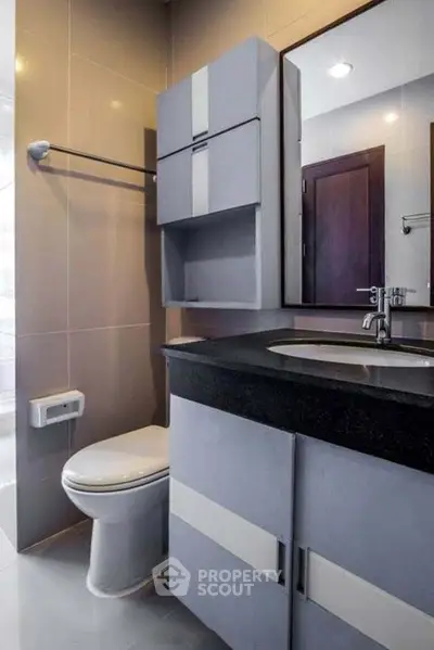 Modern bathroom with sleek cabinetry and contemporary fixtures