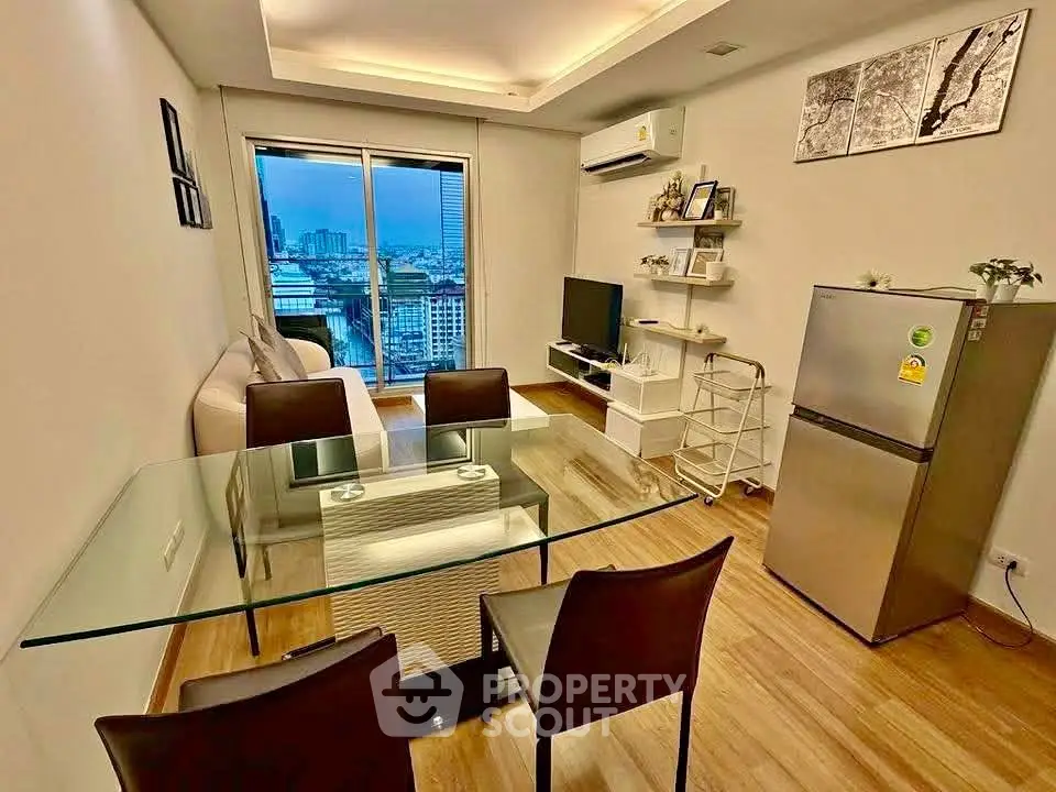 Modern living room with city view, stylish furniture, and open layout for urban living.