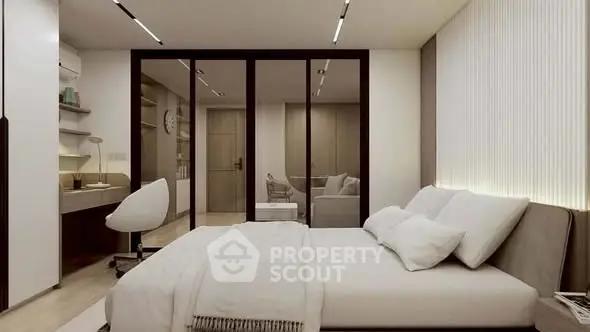 Modern bedroom with sleek design and study area, featuring elegant decor and cozy ambiance.