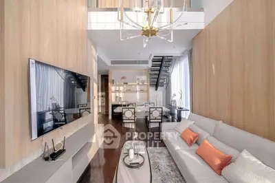 Luxurious modern living room with high ceilings and elegant decor