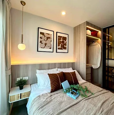Cozy modern bedroom with stylish decor and built-in wardrobe