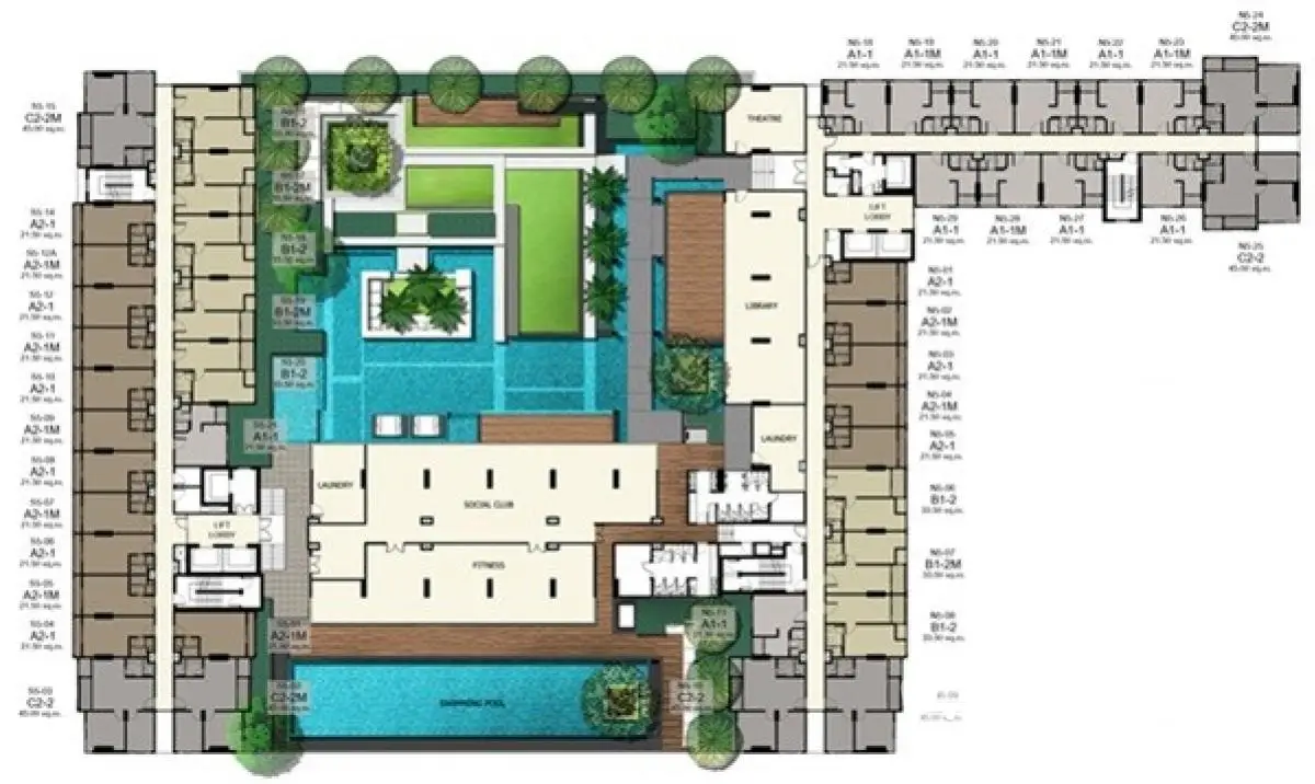 Luxurious condominium floor plan with pool, fitness center, and social club amenities.