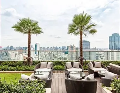 Luxurious rooftop terrace with stunning city skyline views and elegant outdoor seating.