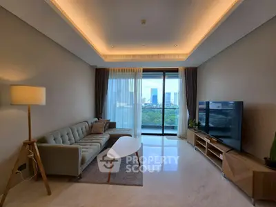 Modern living room with city view, stylish furniture, and ambient lighting