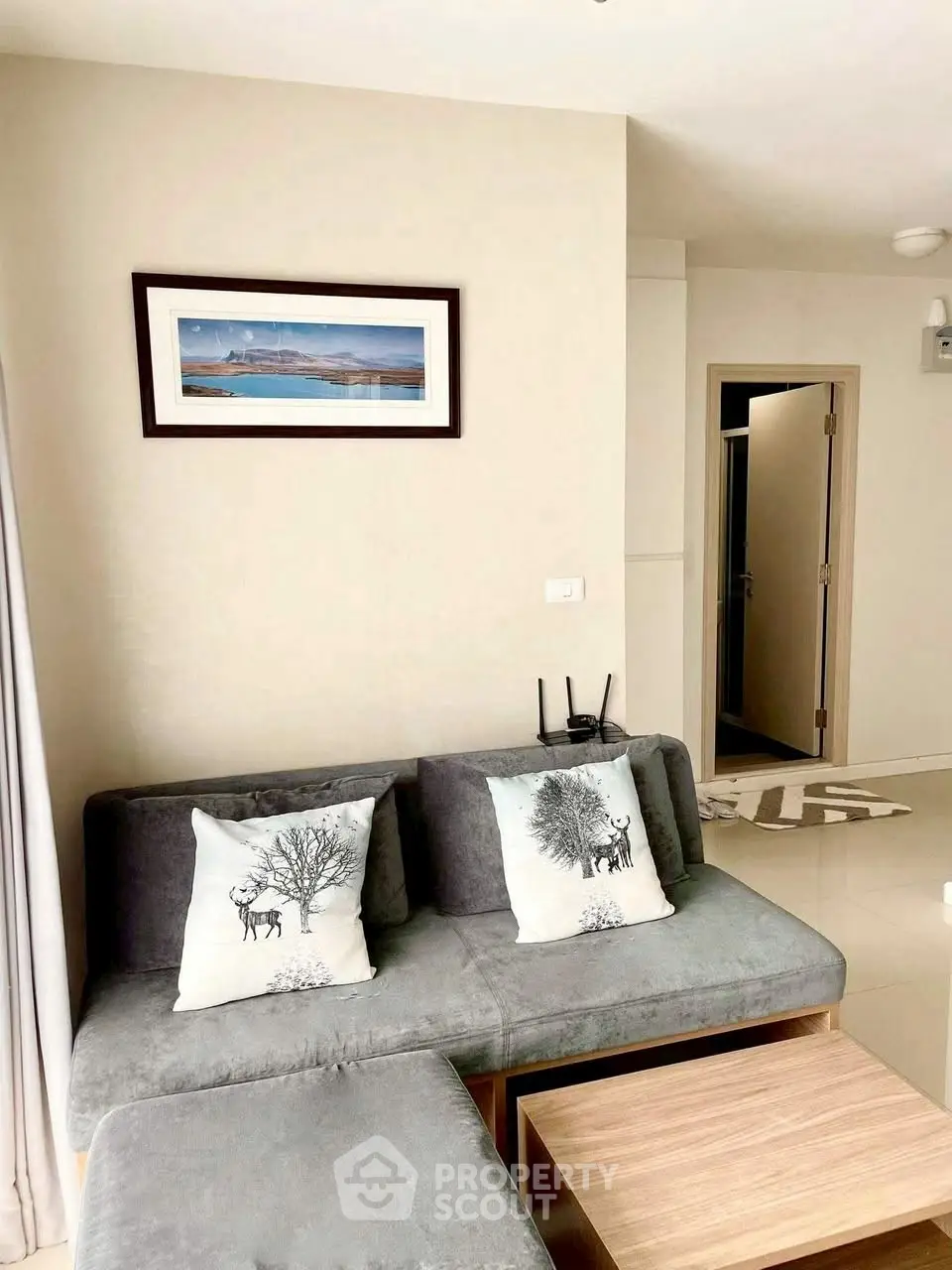 Modern living room with stylish decor and cozy seating area