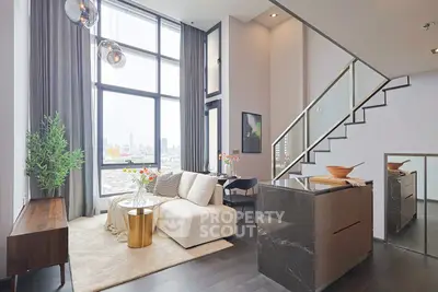 Luxurious modern living room with high ceilings and city view