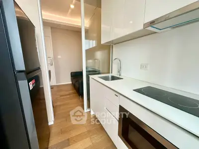Modern compact kitchen with sleek appliances and wooden flooring in a stylish apartment.