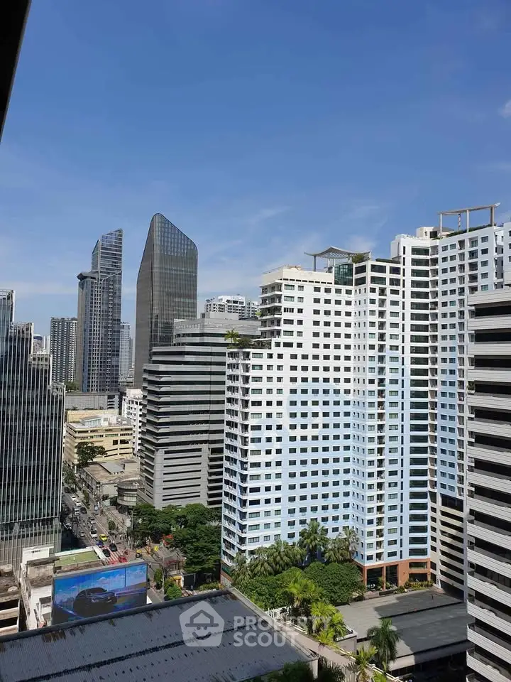 Stunning cityscape view showcasing modern high-rise buildings under a clear blue sky.