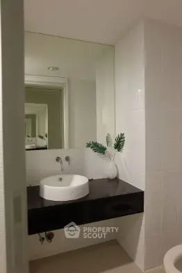 Modern bathroom with sleek black countertop and stylish round basin