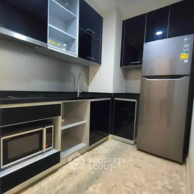 Modern kitchen with sleek black cabinets and stainless steel appliances