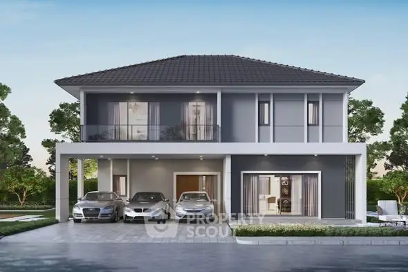 Modern two-story house with sleek design and spacious driveway