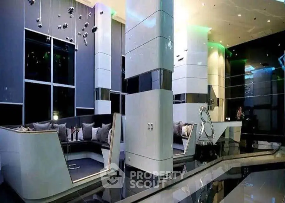 Luxurious modern living room with sleek design and ambient lighting