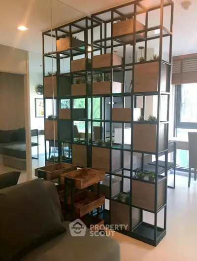 Modern living room with stylish open shelving and natural light