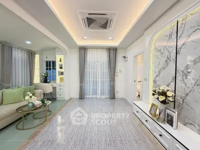 Elegant living room with modern decor and marble accents