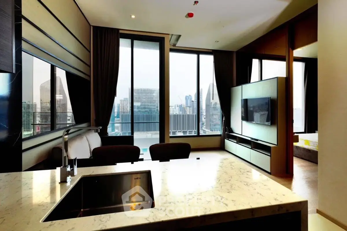 Luxurious modern living room with city view, open kitchen, and sleek design.