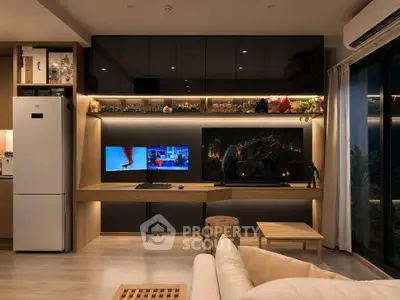 Modern living room with sleek entertainment setup and stylish decor