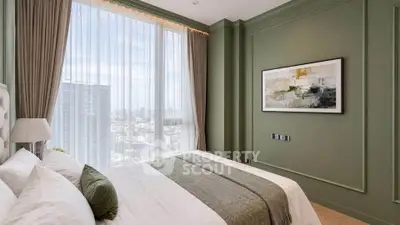 Luxurious bedroom with floor-to-ceiling windows and stunning city view