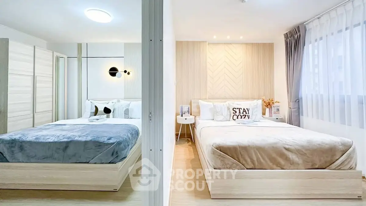 Modern cozy bedroom with stylish decor and ample natural light