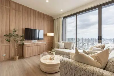 Luxurious living room with panoramic city view and elegant decor