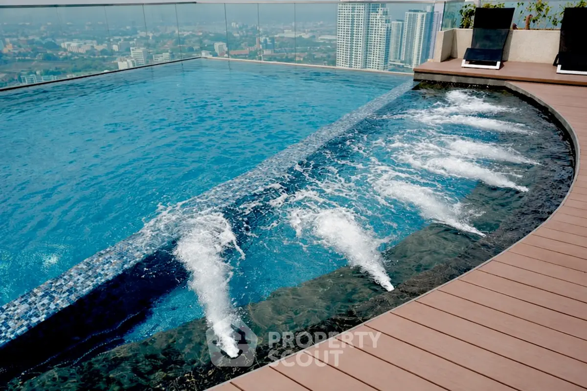 Luxurious rooftop pool with stunning city skyline views, perfect for relaxation and leisure.