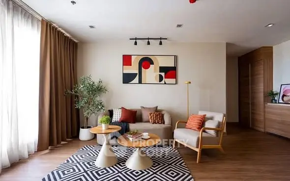 Stylish modern living room with abstract art and cozy seating