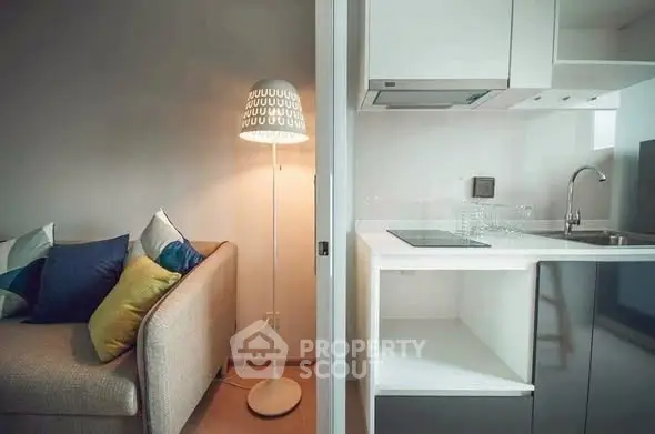 Modern compact living room with cozy sofa and sleek kitchen area