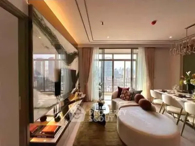 Luxurious modern living room with city view, elegant decor, and spacious layout