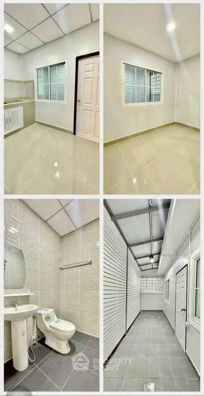 Modern interior with tiled floors and bright lighting, featuring bathroom and versatile spaces.