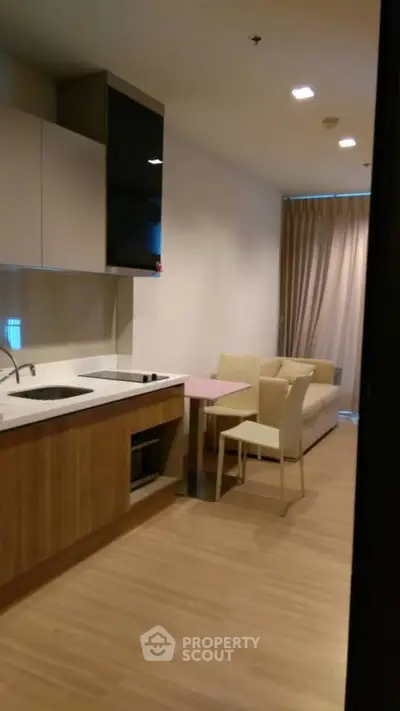 Modern apartment kitchen with open layout and cozy living area