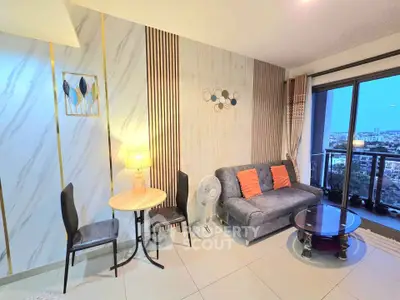 Modern living room with stylish decor and city view balcony